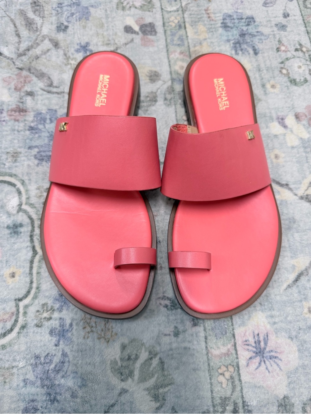 Michael Kors Coral Pink Leather Slide Sandals with Toe Loop
